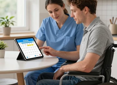 A worker helps a man in a wheelchair during a home care visit.