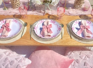 Pink Preppy Bow themed luxury picnic Northeast GA by Gathered Grace Picnic Co pink & white party