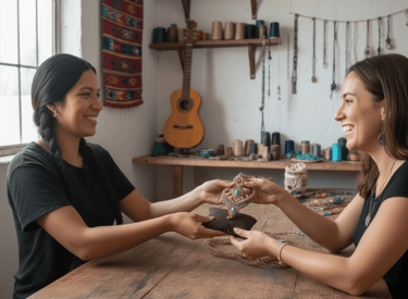 Artesana entregando un collar a su cliente.