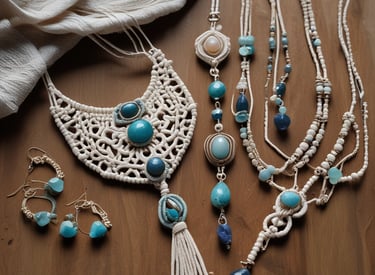 Joyería realizada con técnica de macramé y piedras azules sobre una mesa de madera