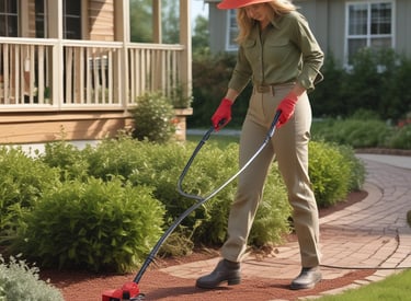 A lady gardener gently pruning shrubs with battery-powered tools in a peaceful backyard setting.