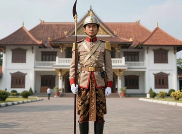 A vibrant traditional Javanese cultural festival with members in colorful batik and wayang-themed decorations.