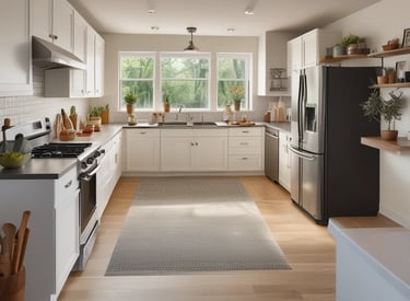 A cozy kitchen scene with modern appliances and neatly arranged utensils.