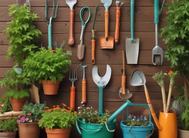 A vibrant garden with blooming flowers and gardening tools.