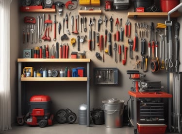 A set of sturdy hand tools arranged on a wooden workbench.