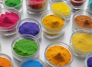 Close-up of colorful chemical powders arranged in glass containers.