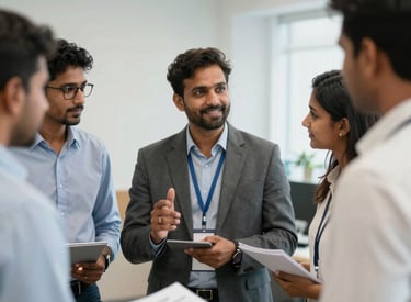 A small business owner discussing plans with a financial advisor in a modern workspace.
