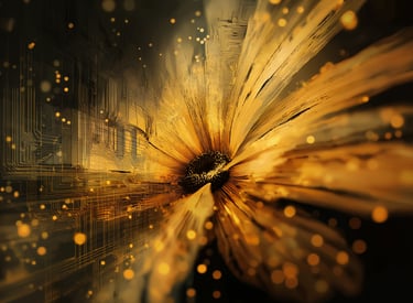 Golden sunflower blending with glowing circuitry, symbolizing fast inspiration and creativity.