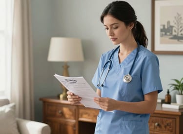 North American / US residential medical setting. A professional nurse practitioner in clean, casual-professional attire reviewing medical charts in a bright, sunlit home office with sophisticated wooden furniture. The lighting is inviting and trustworthy, featuring soft blue-grey and white-ish walls.