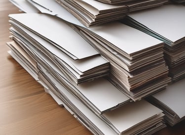 a stack of papers with a laptop on a table