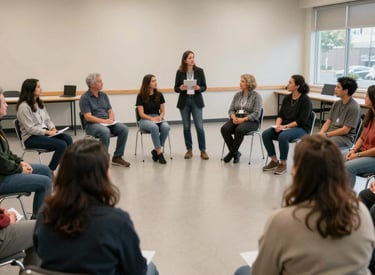 A group of North American community members sitting in a circle in a brightly lit community center in Issaquah, Washington, attending a safety workshop led by a professional instructor, clean and professional setting.