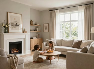 A cozy living room blending wood, stone, and soft textiles in warm tones.