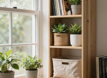 A minimalist bedroom with organized storage and calming neutral colors.