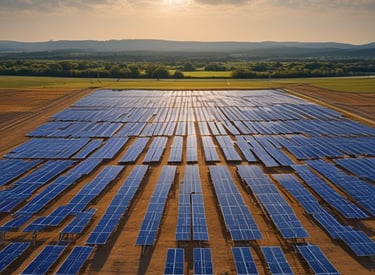 A solar rooftop installation gleaming under a clear blue sky.
