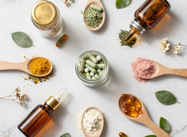 A cozy flat lay of wellness supplements and a notebook on a soft pink background.