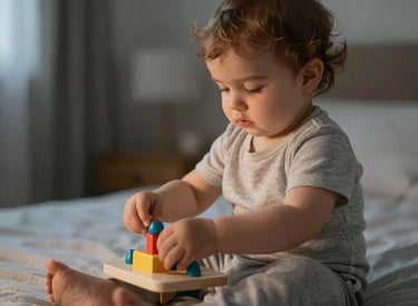 A toddler peacefully napping on a colorful bedspread.