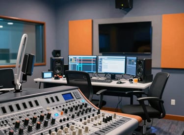 Radio studio with hosts speaking into microphones surrounded by sound equipment.