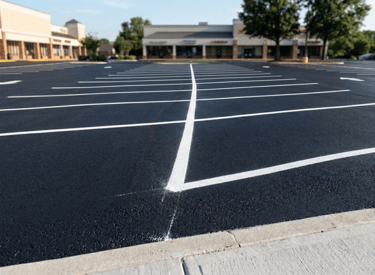 Freshly seal coated parking lot with clean painted lines and a blue sky