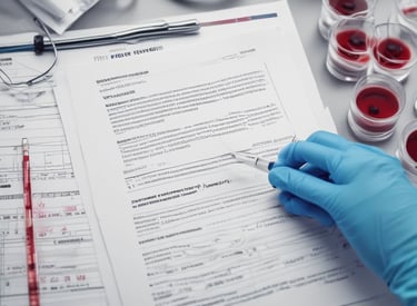 A friendly technician in a blue uniform collecting a blood sample from a patient at home.