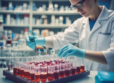 A close-up of a hand using a smartphone to book a medical test on a clean, blue-themed app interface.