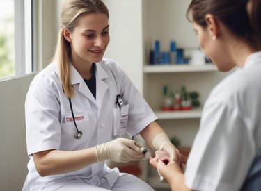 A friendly technician in a blue uniform collecting a blood sample from a patient at home.