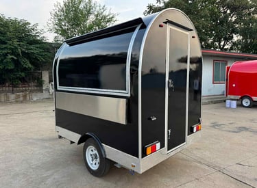 Foodtruck demi-rond TF-DM Nouvelle Génération noir RAL 9005 avec coque en fibre de verre, certifié Vincotte, design moderne e