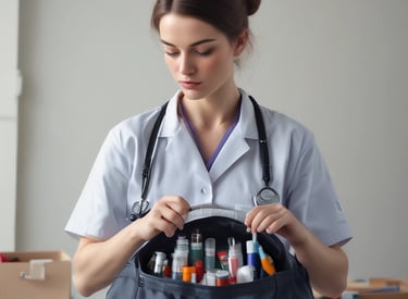 A focused nurse using a tablet in a cozy home office.