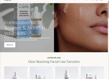 DSG skincare website featuring bioactive prebiotics jelly serum and glow-boosting facial care products.