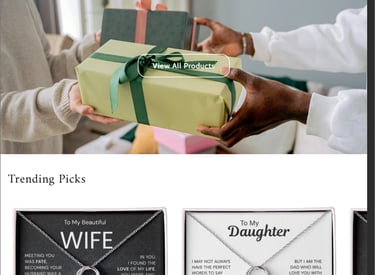 Loved Ones Gift Shop website featuring jewelry for wives and daughters with sentimental message cards.