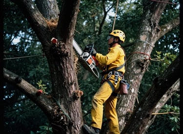 arborist in tree removing a large branch, part of cutting the tree down