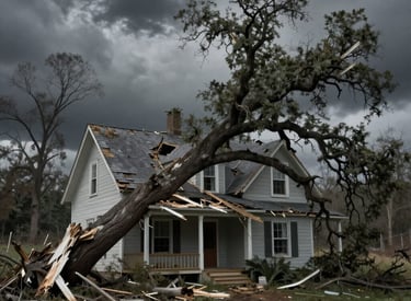 A storm damaged house where a tree fell through the roof