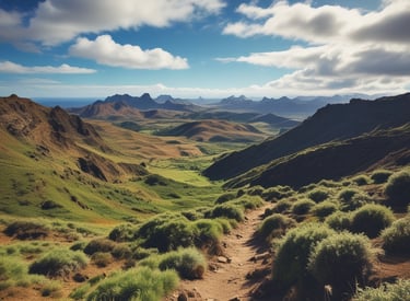 A winding trail through lush greenery with birds flying overhead under a bright sky.