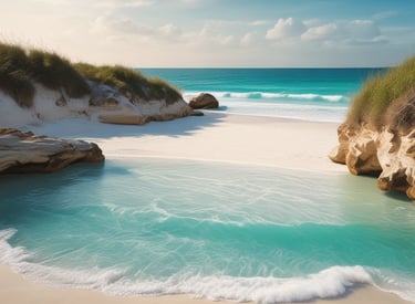 A serene seaside resort with sunlit terraces and clear blue skies.