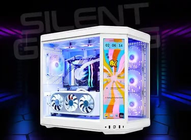 Custom white gaming PC build featuring RGB fans and a built-in LCD screen monitor for hardware monitoring.