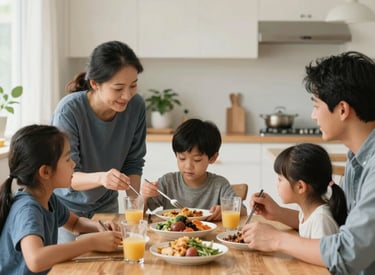 A compassionate scene of a North American family sharing a meal together in a warm, light-filled modern home, reflecting comfort and stability, Steel Blue and Off-White tones.