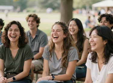 Friends laughing around a campfire in a forest clearing at dusk.
