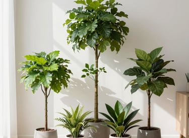 A modern office space decorated with realistic artificial plants in elegant pots