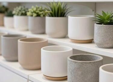 Various stylish flowerpot containers displayed on wooden shelves in a bright showroom