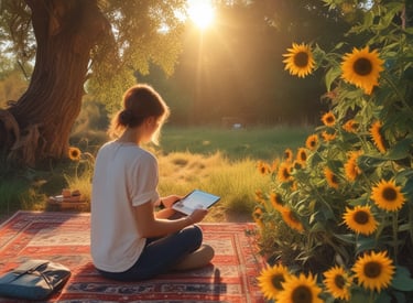 a woman sitting on a rug in the sun