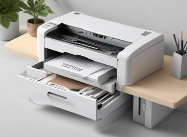 Technician carefully repairing a modern office printer with tools on a clean workspace.