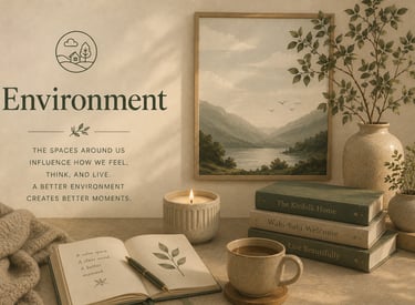 Calm interior with books, candle, and plants, representing how environment shapes everyday moments.