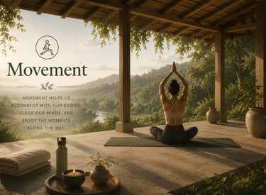 Quiet outdoor yoga space overlooking nature, symbolising movement, wellbeing, and presence.