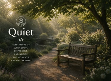 Peaceful garden with an empty bench, symbolising stillness, reflection, and quiet moments.