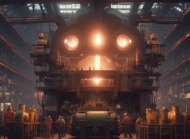 Industrial workshop with skilled technicians performing metal equipment maintenance.