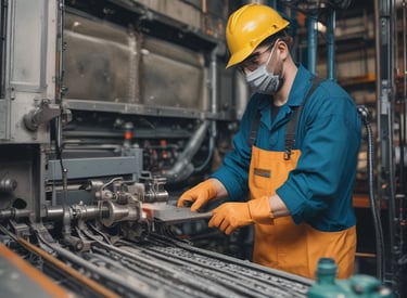 Technician performing preventive maintenance on heavy industrial machinery in a metalworking factory
