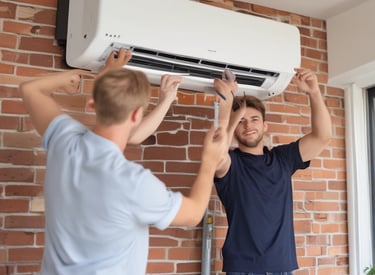 Technician installing an air conditioning unit in a Salvadoran home