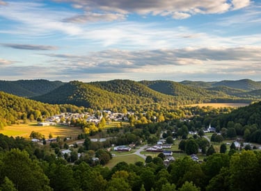 Aerial view of a small rural town nestled in a lush green valley surrounded by rolling Appalachian hills at sunset.