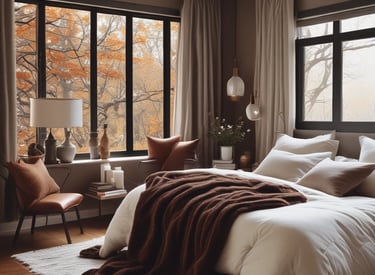 A serene bedroom with cozy elements.