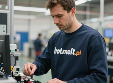 Technician performing maintenance on hotmelt adhesive machinery in an industrial plant.