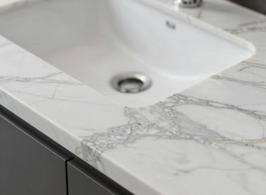 Close-up of a polished Carrara marble slab with subtle gray veining under soft warm light.